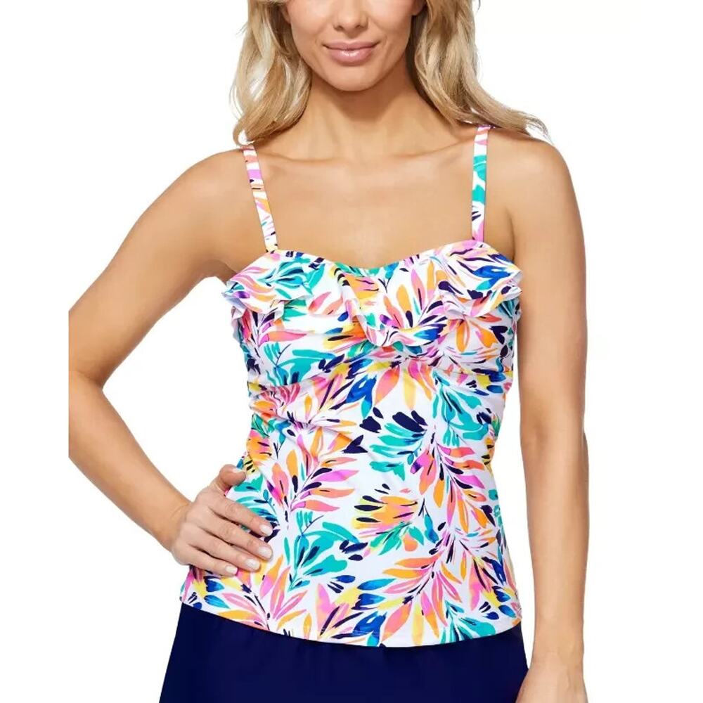 Island Escape Women's Tahiti Printed Tankini Top Ocean Love Floral Size 8 NWT